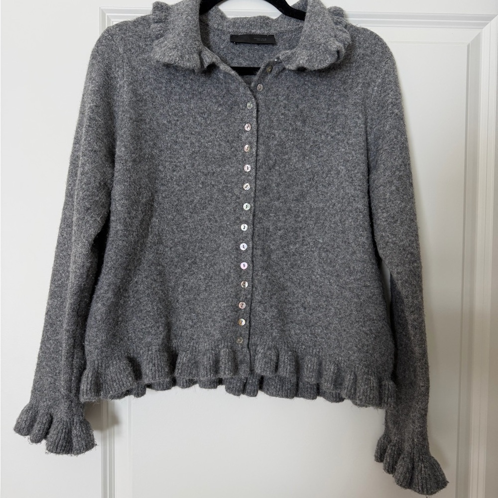 Zara Gray Button-Front Ruffle Hem Cardigan